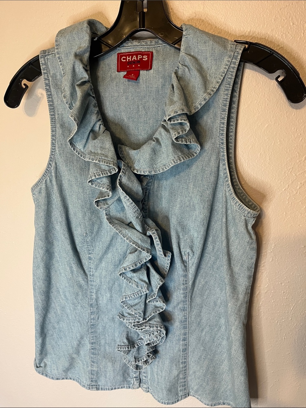 Chaps Light Blue Denim Ruffle Front Sleeveless Blouse